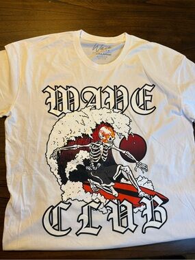 White Wave Club Graphic T-Shirt with Skeleton Surf Design